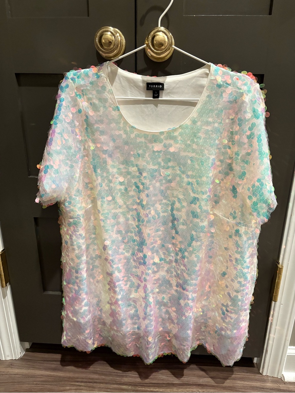 Torrid Iridescent Abbey Sequin Short Sleeve Top - White/Iridescent Mermaid